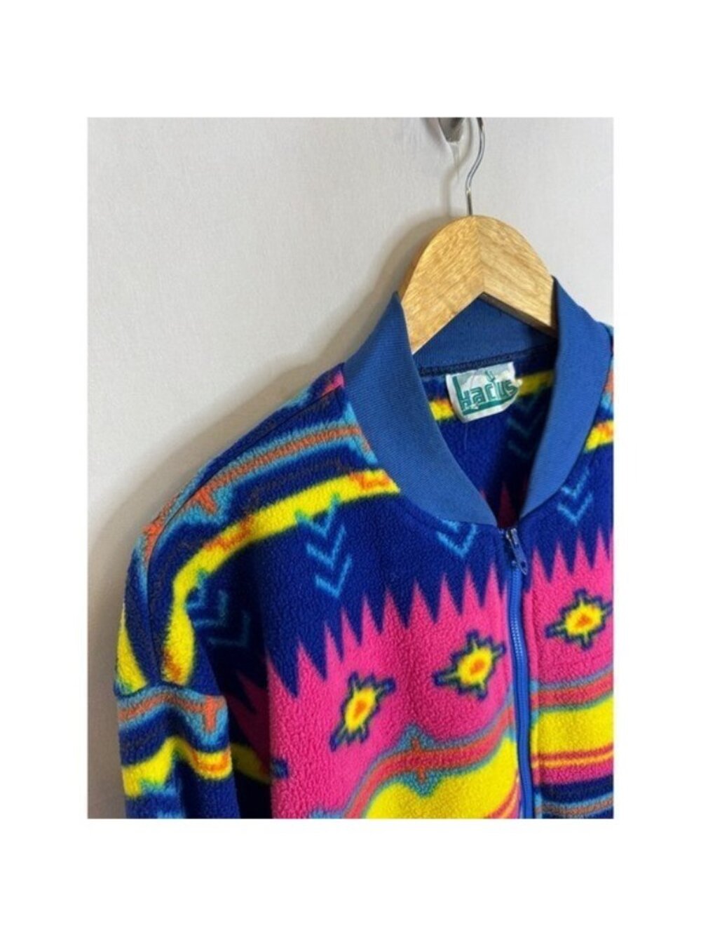 Vintage Kactus Fleece Bomber Jacket Southwestern Geometric Neon Blue Pink M - Picture 4 of 12